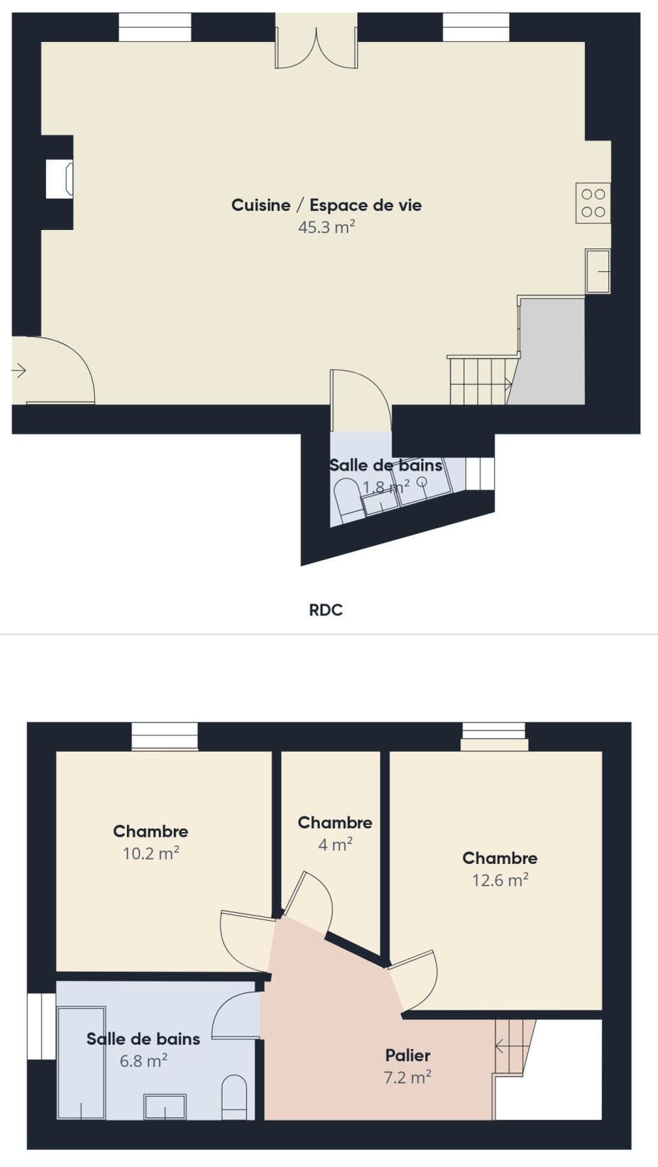 A floor plan of a property with a living space of 45.3 m², a bathroom of 1.8 m², and three bedrooms with areas of 10.2 m², 4 m², and 12.6 m².
