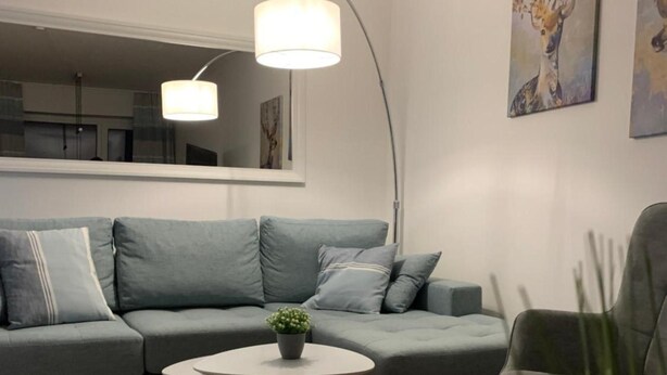 A modern living room with a grey sofa, a round coffee table with a plant, and a floor lamp. - Apartment 'Harz 21' with Dreamy Balcony Views (Braunlage)