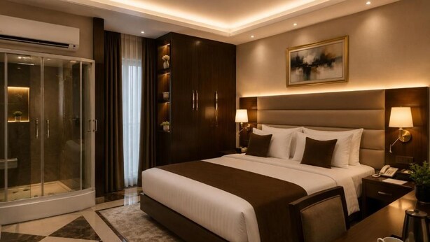 A hotel room with a large bed, a bedside table with a lamp, a desk with a cup and saucer, and a shower area. - Pearl Island Haven (Port Harcourt)