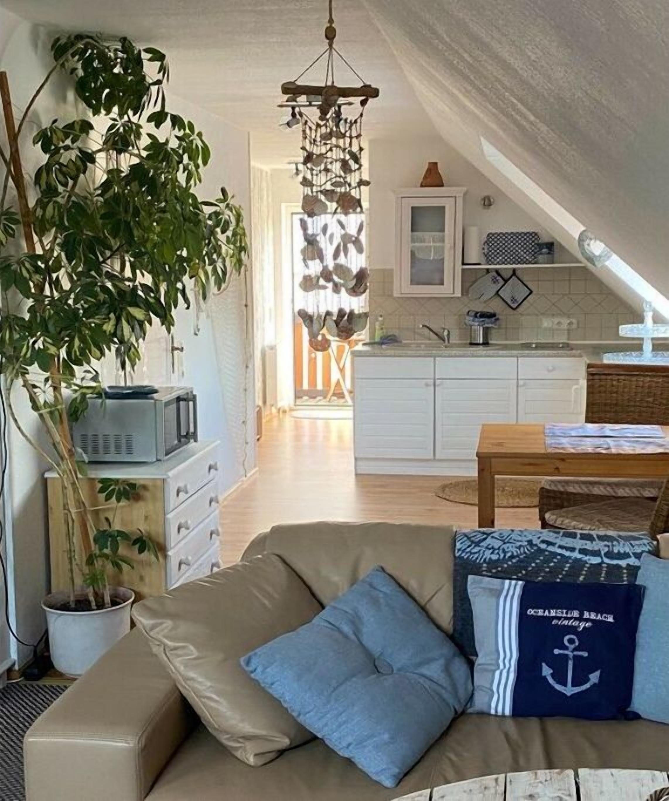 Un salon chaleureux avec un canapé, une table basse et une plante en pot.