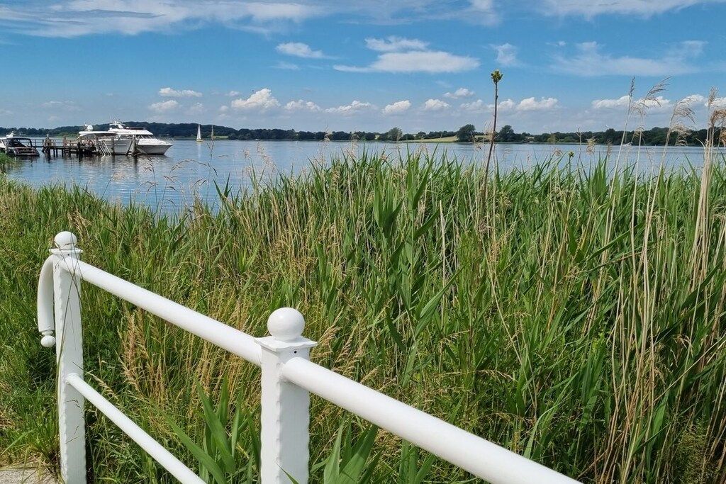 Une vue sur le bord de l’eau, avec une balustrade blanche, des bateaux et des roseaux.