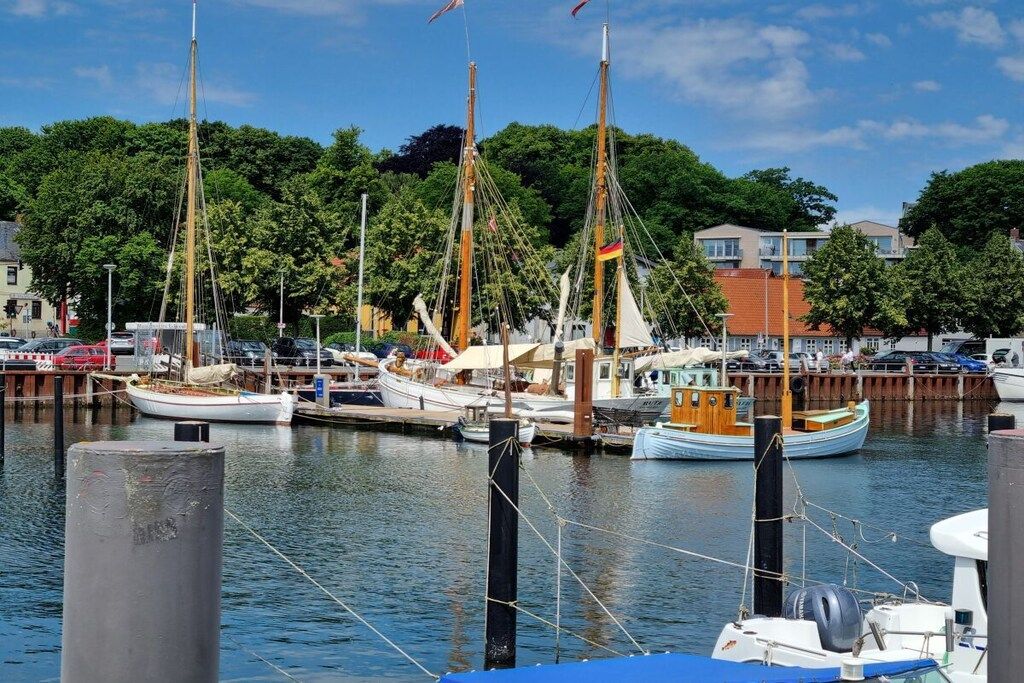 A marina with several boats docked, surrounded by trees and buildings.