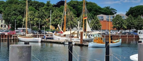 A marina with several boats docked, surrounded by trees and buildings.