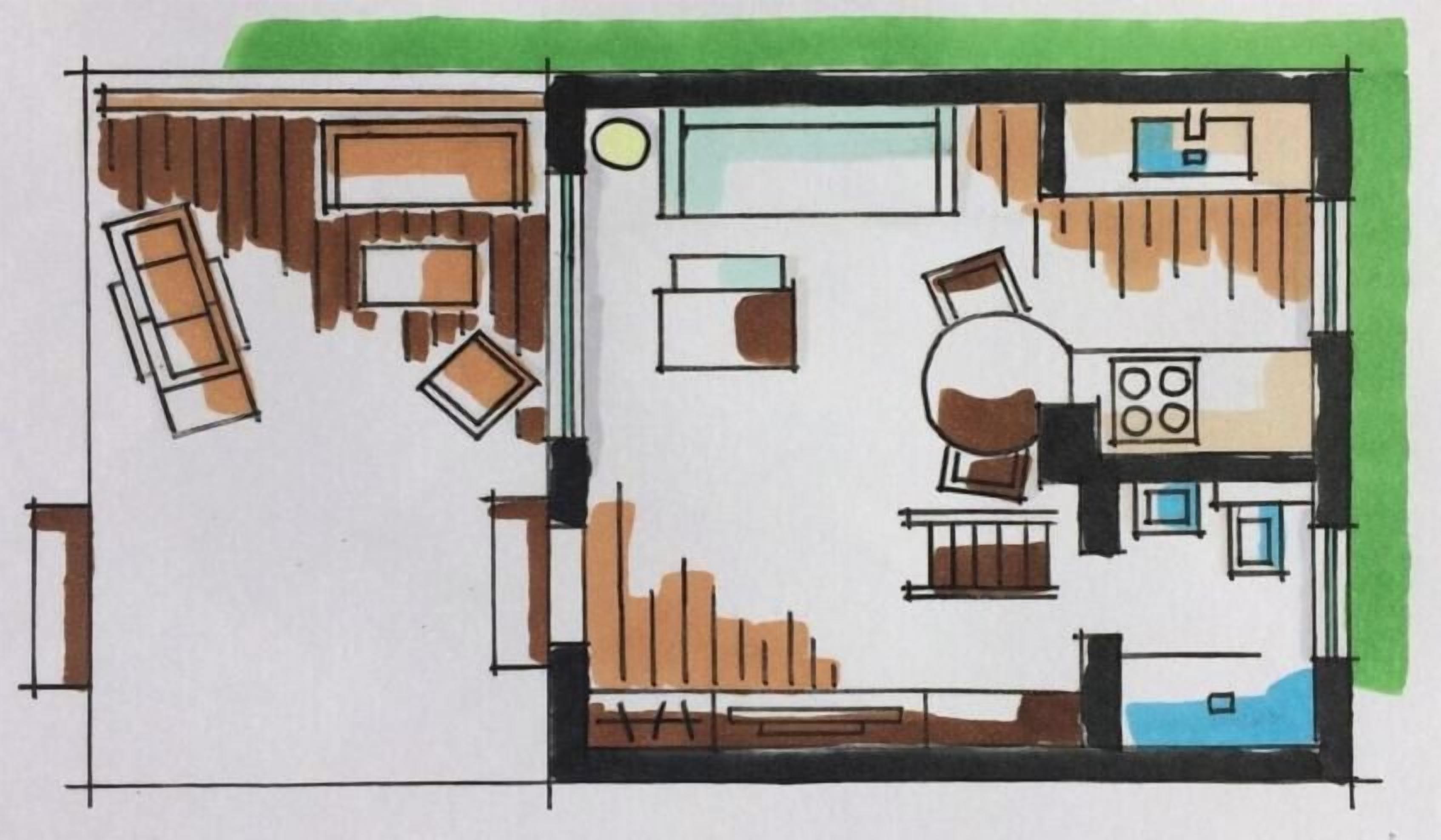 A floor plan with a kitchen, dining area, and a small bathroom.
