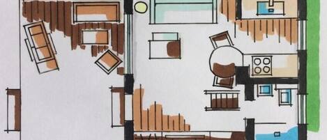A floor plan with a kitchen, dining area, and a small bathroom.