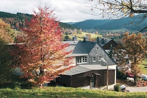Ein Haus mit einem geneigten Dach, ein hölzernes Wirtschaftsgebäude und Blick auf ein bewaldetes Tal.