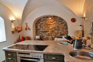 A kitchen with a stone wall, built-in oven, and a sink. - Zum Grünen Hirsch Stolln (Breitenbrunn OT Rittersgrün)