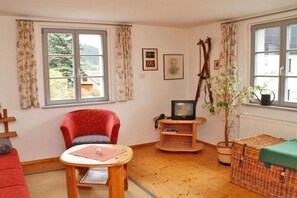 A cozy room with a red armchair, a small table, a television on a wooden stand, and a potted plant. - Zum Grünen Hirsch Stolln (Breitenbrunn OT Rittersgrün)