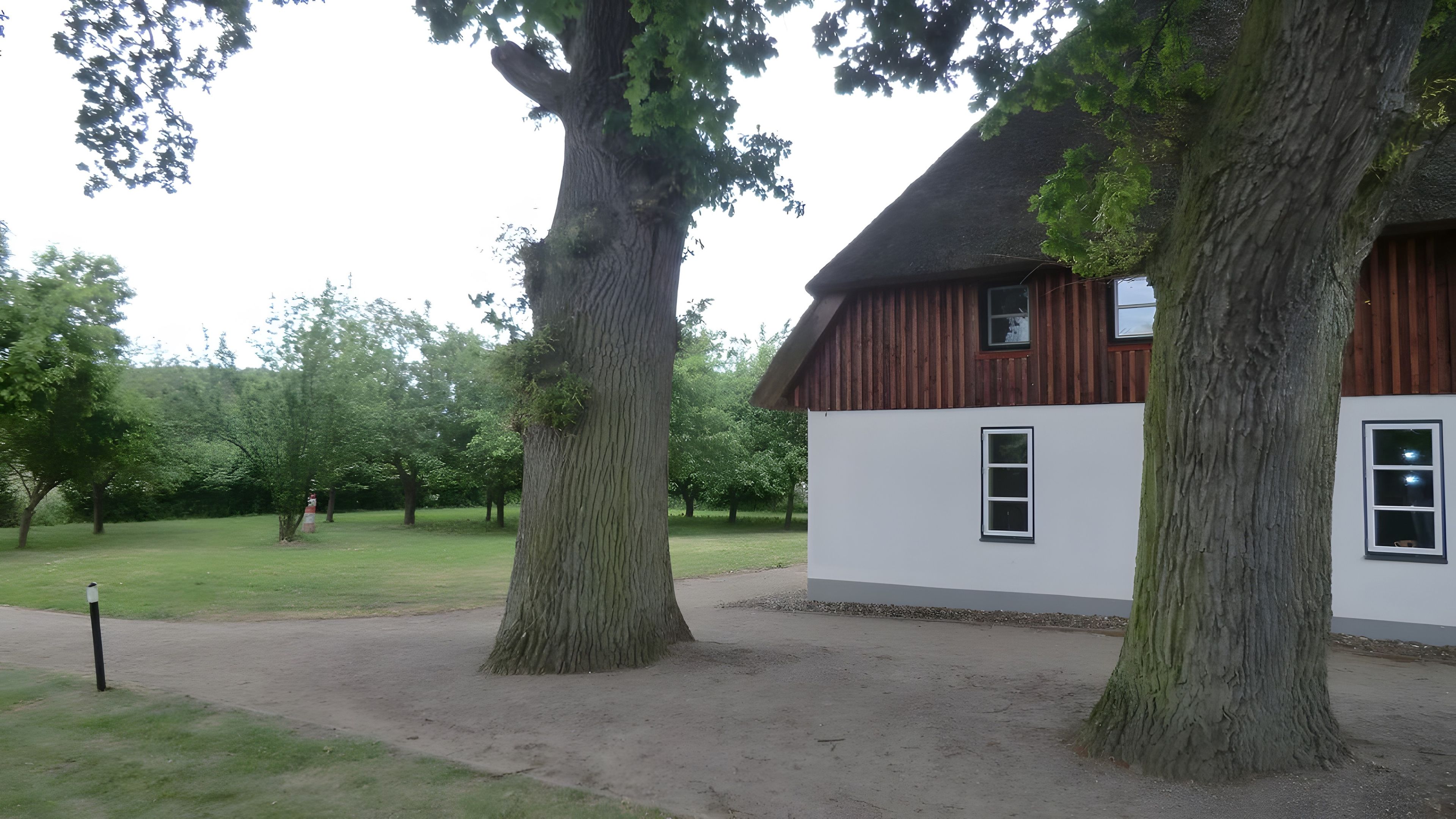 Ein Gebäude mit einem strohgedeckten Dach und Holzverkleidung, umgeben von hohen Bäumen und einer Rasenfläche.