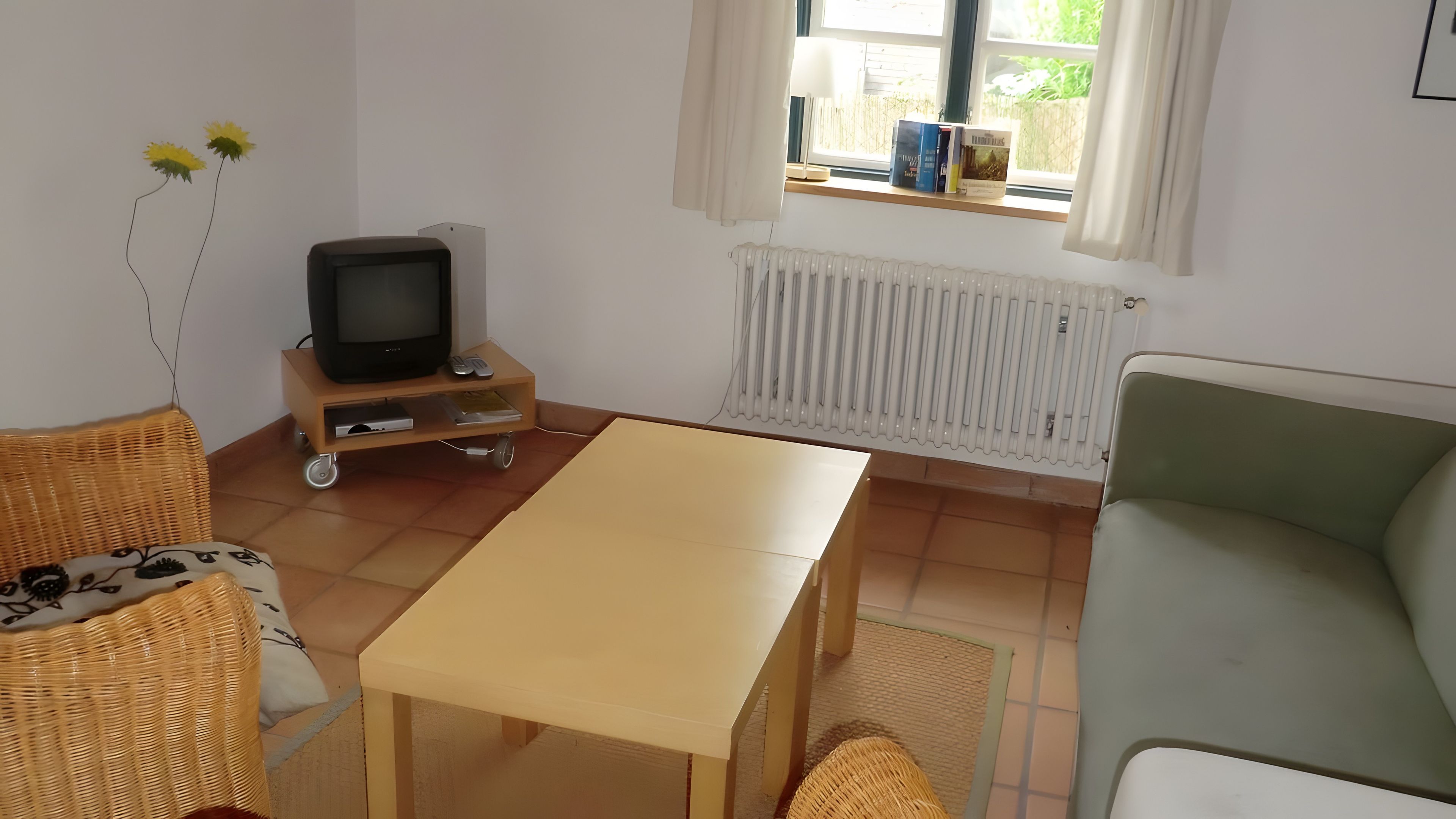 Ein Wohnzimmer mit Fernseher auf einem Schrank, einer Couch, einem Tisch und einem Fensterbrett mit Büchern.