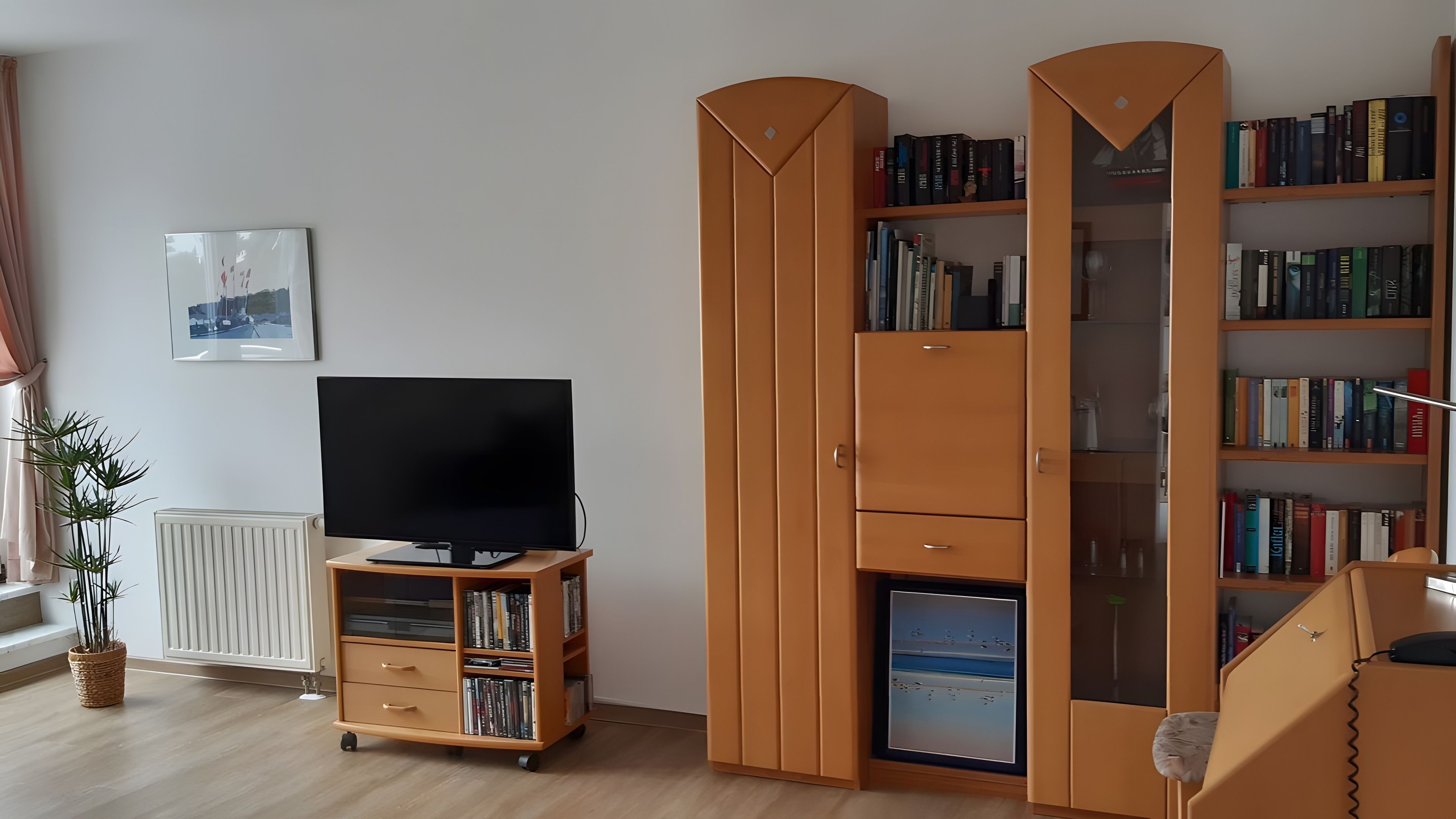 Ein Wohnzimmer mit Fernseher auf Holzfuß, einer Bücherwand und einer Heizung.