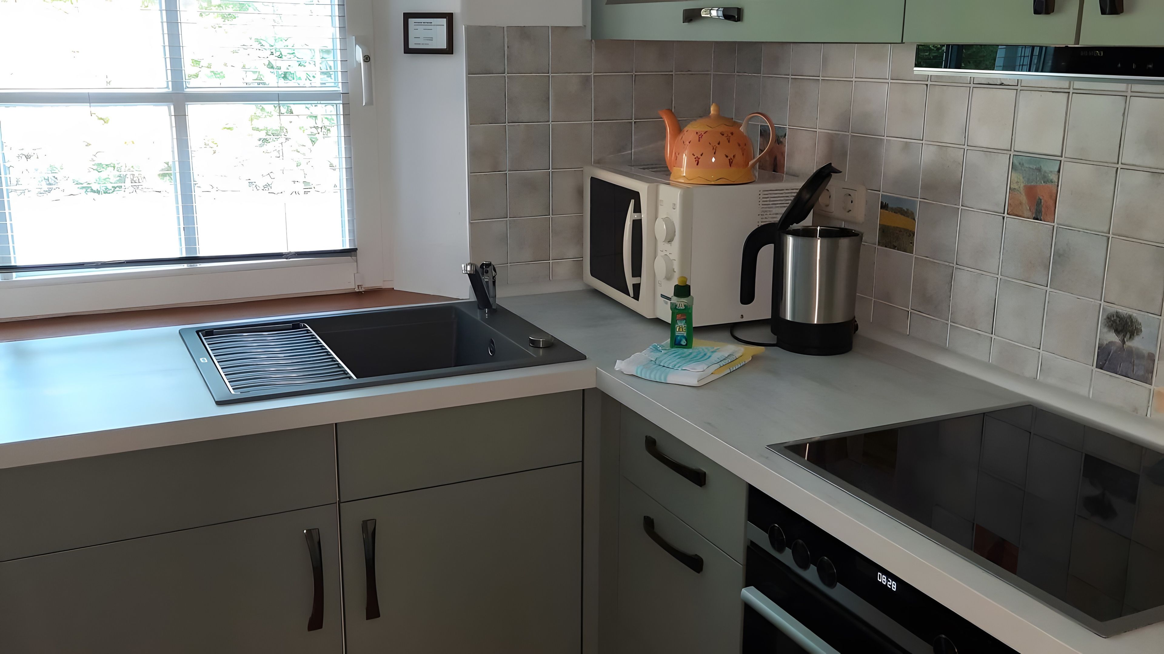 Cozinha equipada com pia, micro-ondas, chaleira e fogão.