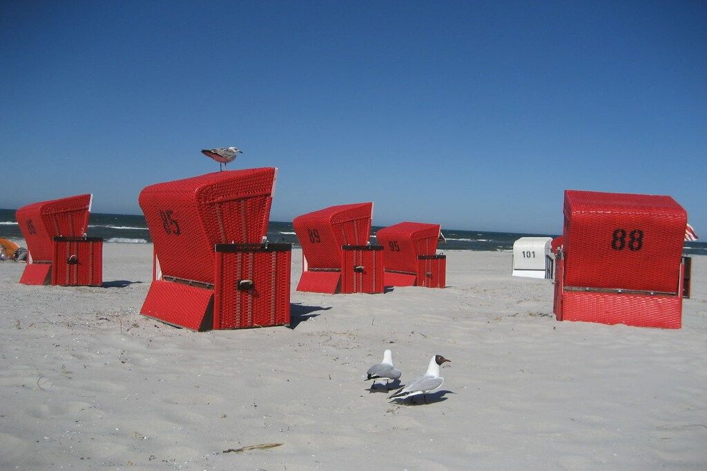 Strandkörbe mit den Nummern 95, 88 und 101, mit einer Möwe darauf.