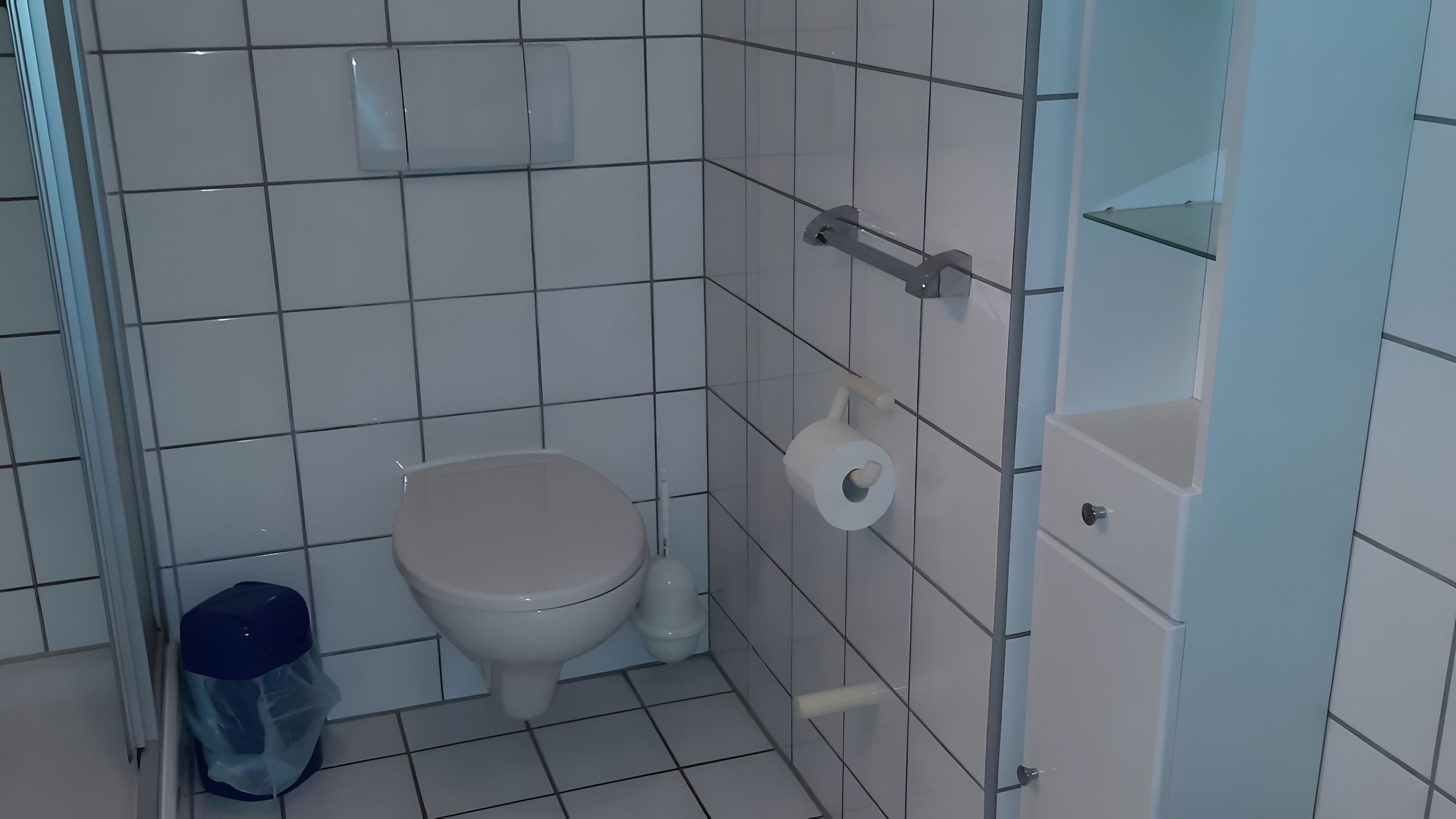 Ein kleines Badezimmer mit Toilette, Mülleimer und Toilettenpapierhalter.