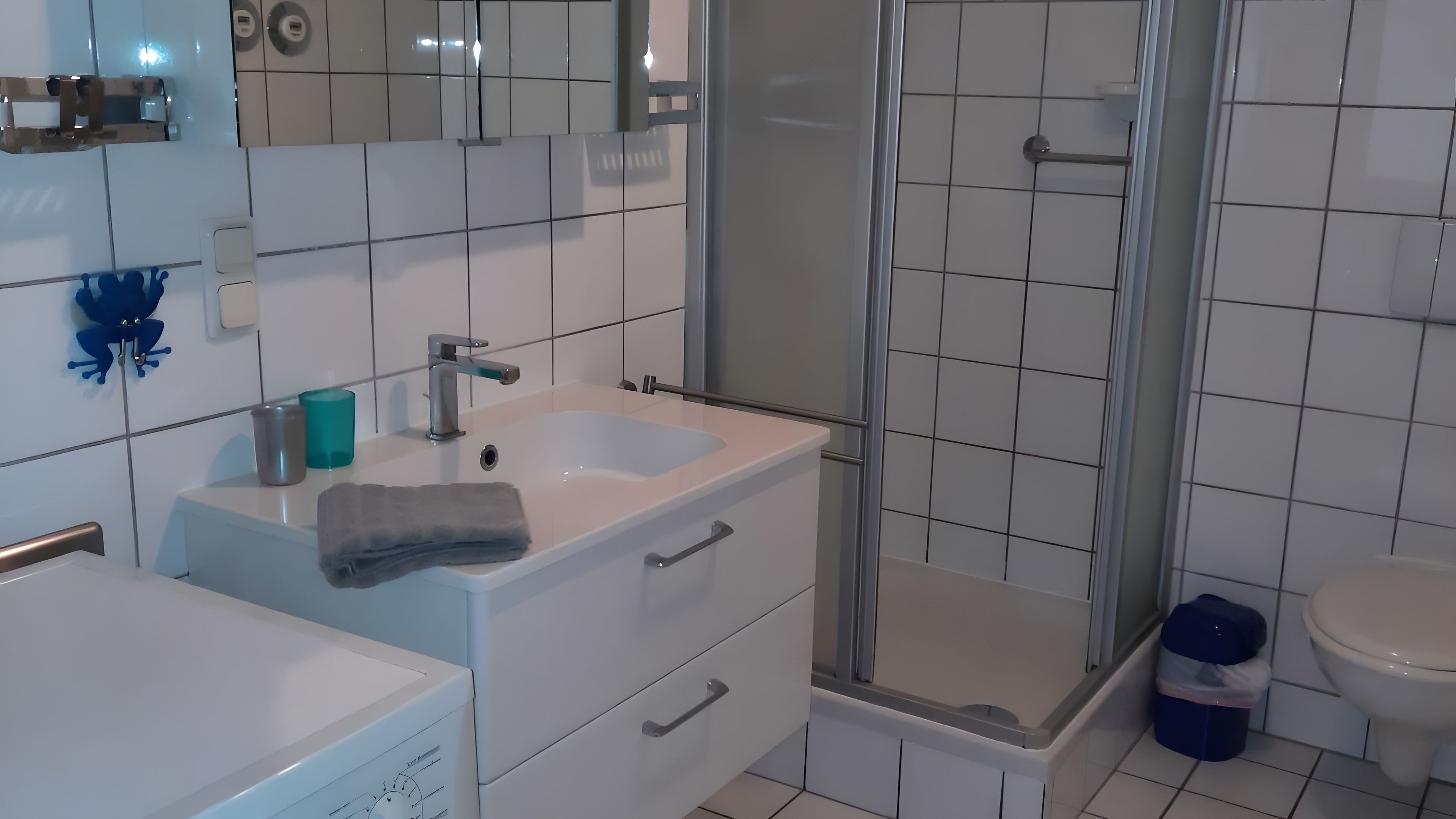 Ein Badezimmer mit Waschbecken, Spiegel, Handtuch, Dusche und Toilette.