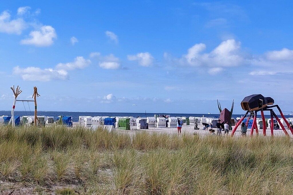 Une plage avec des chaises longues et des parasols, un télescope et un ciel dégagé.