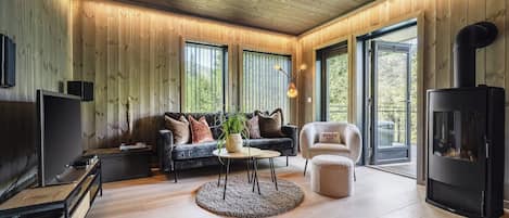 A modern living room with a wooden interior, a sofa, a chair, a TV, and a fireplace.