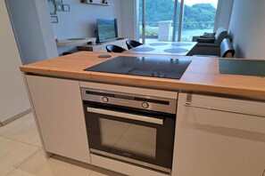 A modern kitchen with a built-in oven and a countertop with a black induction cooktop. - Apartment with 1 bedroom (Annenheim am Ossiachersee)