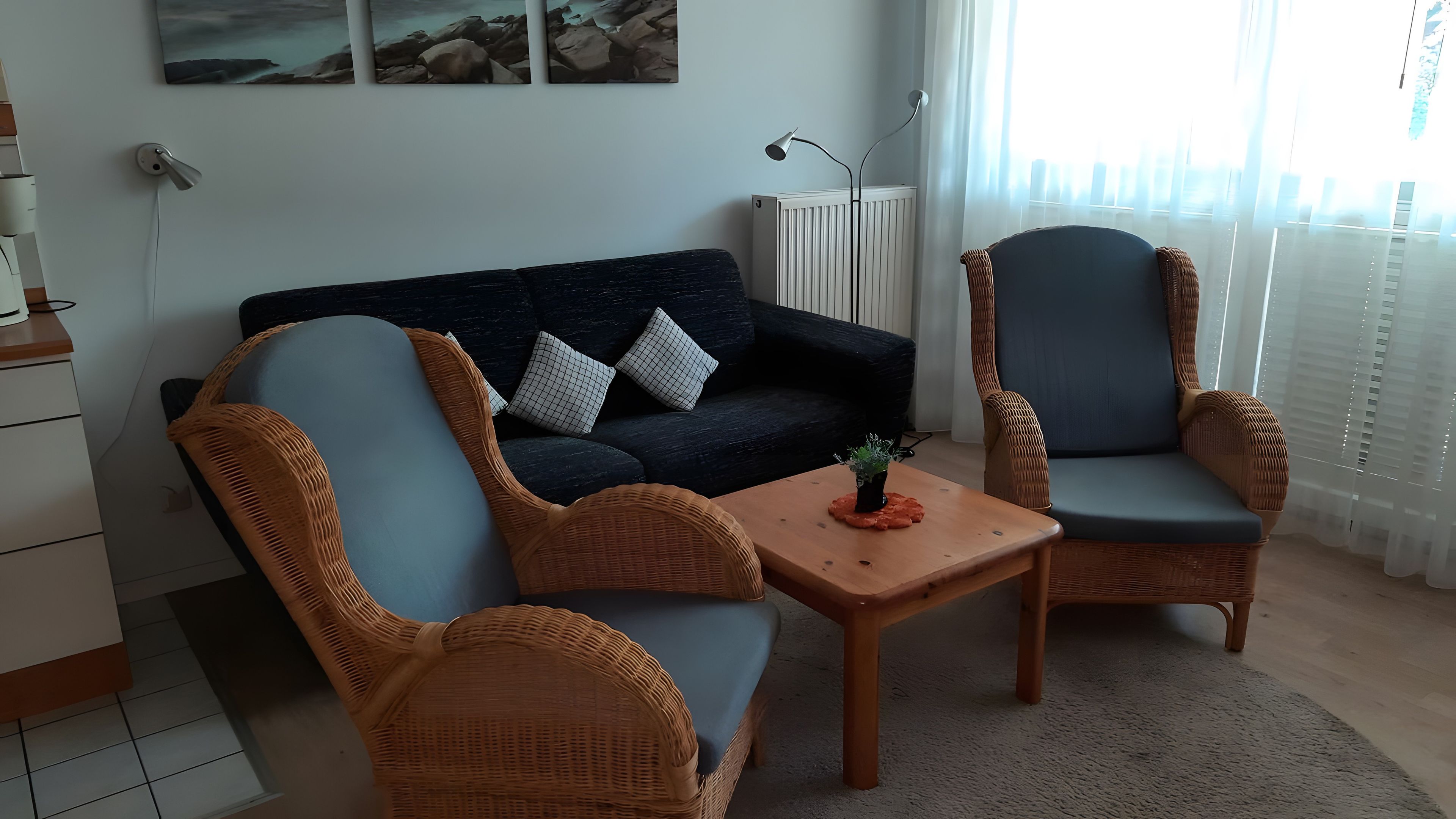 Ein Wohnzimmer mit einem dunkelblauen Sofa, zwei Korbstühlen, einem kleinen Holztisch mit einer Pflanze und einer Heizung.