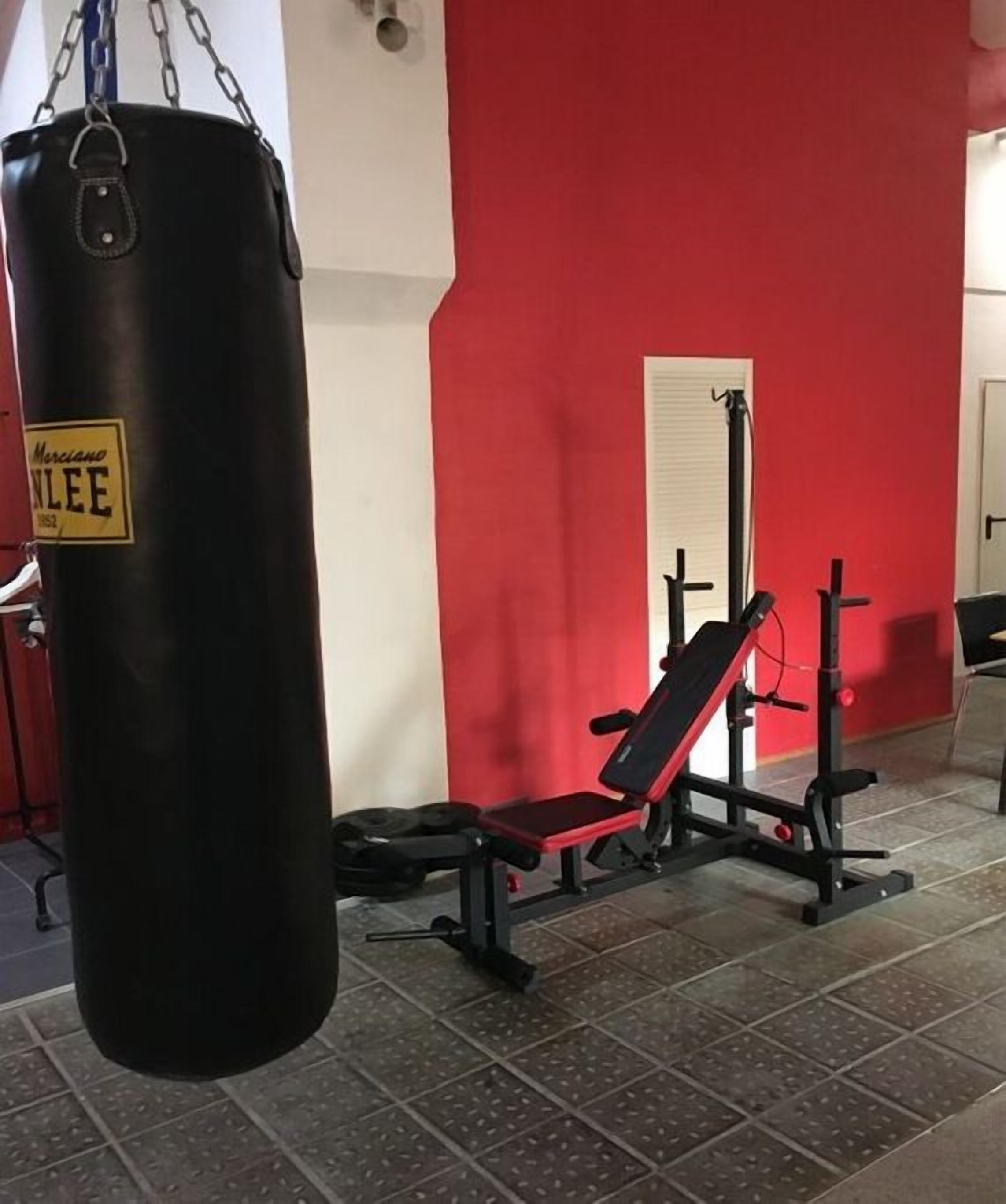A gym with a punching bag, bench press, and weightlifting equipment.