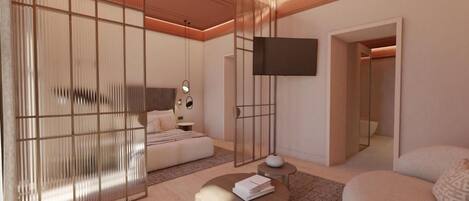 Un dormitorio moderno con una cama, una mesita de noche y un televisor de pantalla plana.