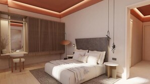 A modern bedroom with a large bed, bedside tables, a desk, and a mirror.