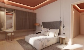 A modern bedroom with a large bed, bedside tables, a desk, and a mirror.