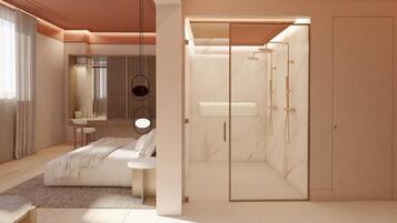 Un dormitorio moderno con cama, mesita de noche y un vestidor con ducha.