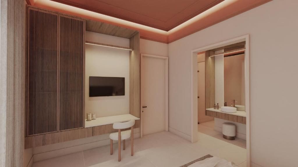 A modern bathroom with a vanity, a mirror, and a toilet.