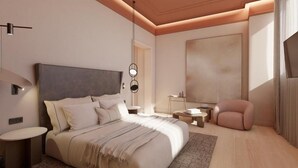A modern bedroom with a large bed, bedside tables, a chair, and a large artwork on the wall. - Fahana Triana 54 Adults Only (LAS PALMAS DE GRAN CANARIA)