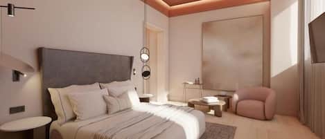 Quarto moderno com cama grande, mesas de cabeceira, uma cadeira e uma obra de arte grande na parede.