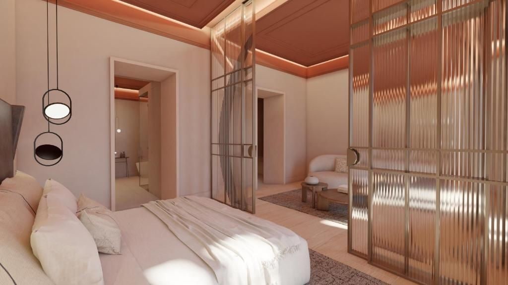 A modern bedroom with a large bed, a walk-in closet, and a sliding glass door leading to a bathroom.