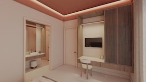 A modern bathroom with a vanity, mirror, and a mounted television.