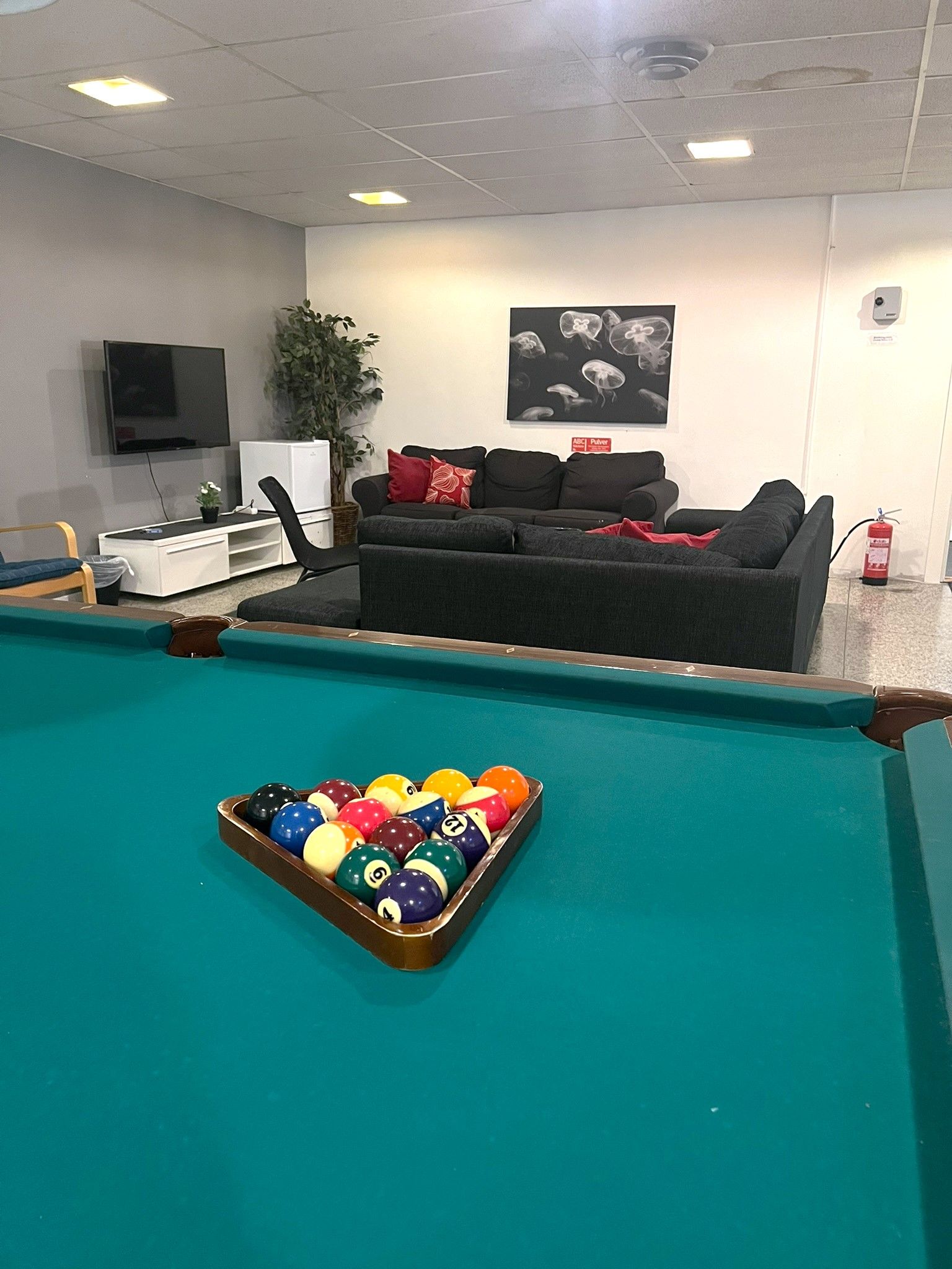 Ett biljardbord med bollar, en tv, en soffa och en brandsläckare.