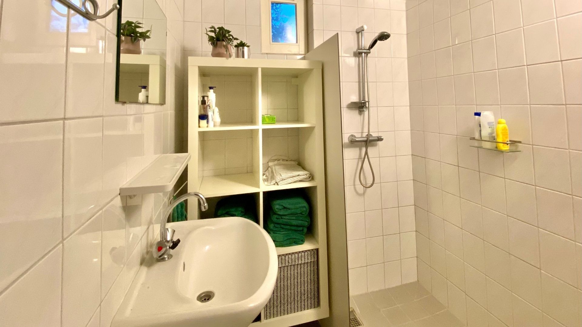 A bathroom with a sink, mirror, shower, and shelves with toiletries.