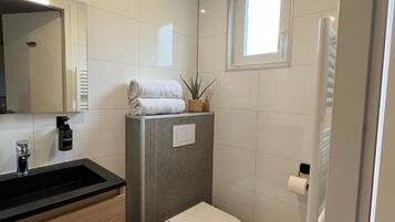 A compact bathroom with a modern design, featuring a toilet, a sink, and a mirror.