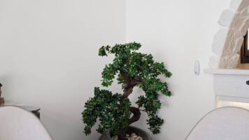 Ein Zimmer mit Bonsai-Baum, Steinwand und weißem Stuhl.