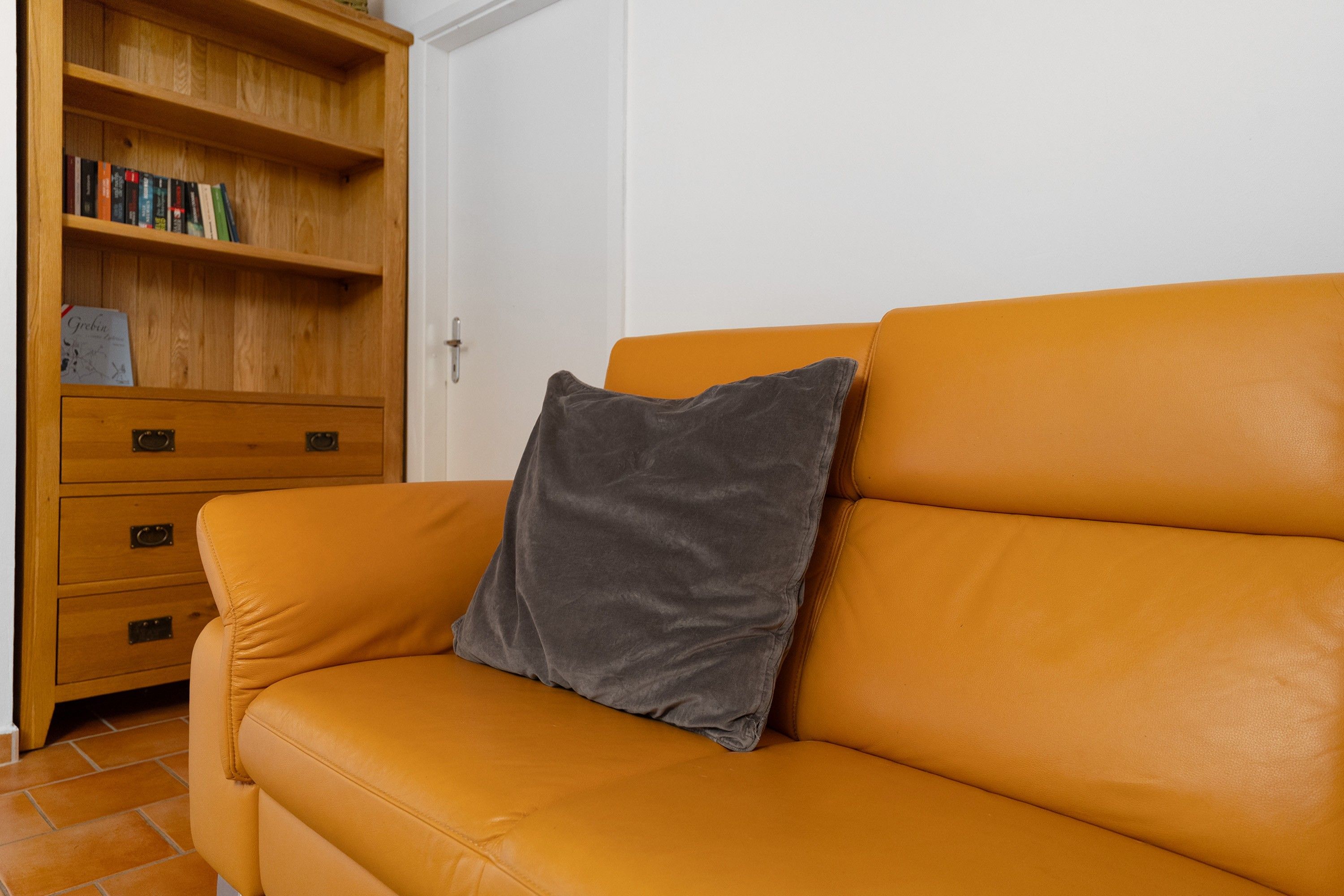 Ein Zimmer mit einem orangefarbenen Sofa, einem grauen Kissen und einem Bücherregal mit Büchern.