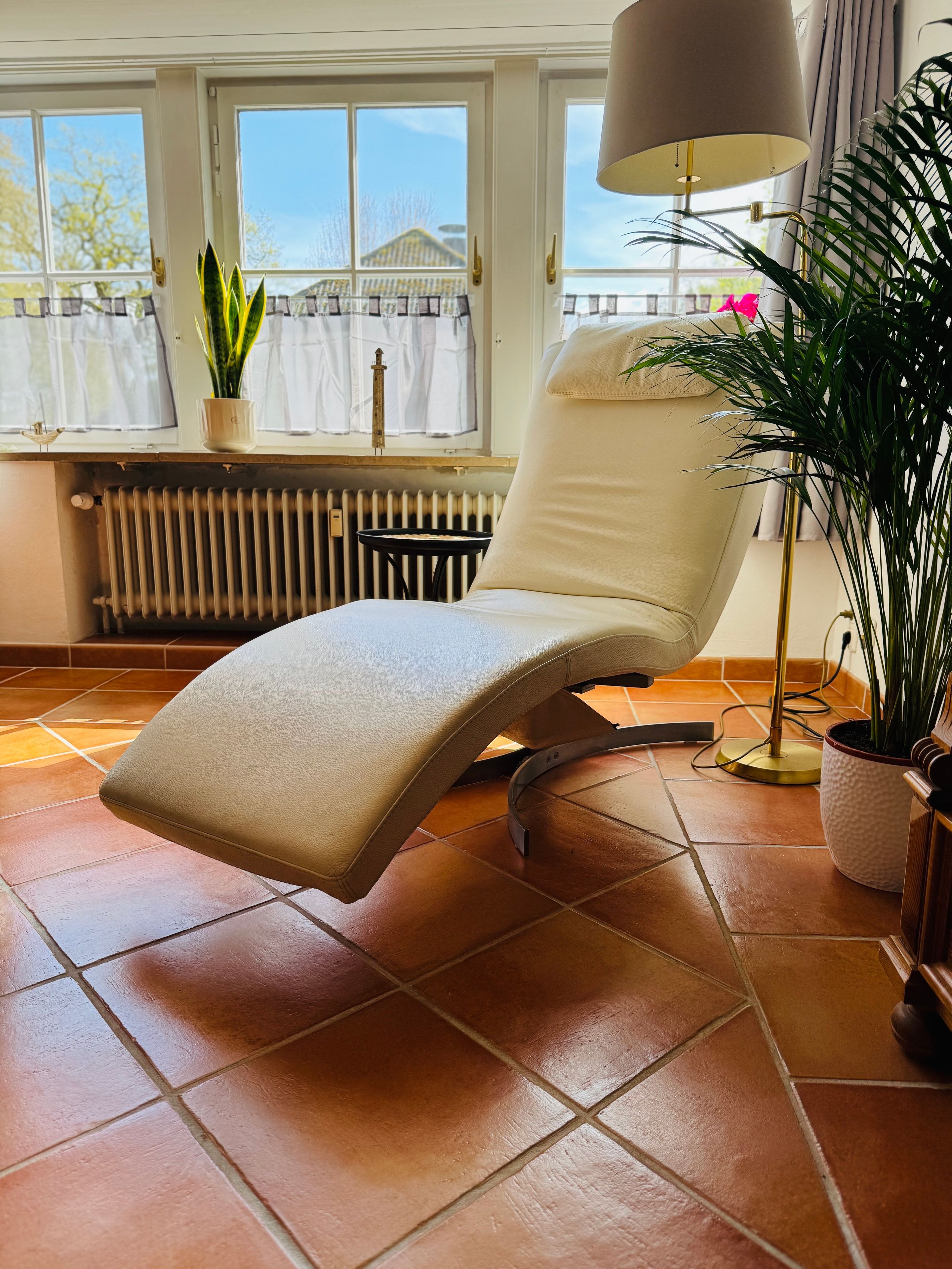 Een ligbed met uitzicht op een huis door een raam, een radiator en een potplant.