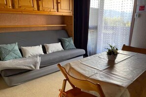 Ein Zimmer mit einer Couch, einem Esstisch und einem Stuhl.