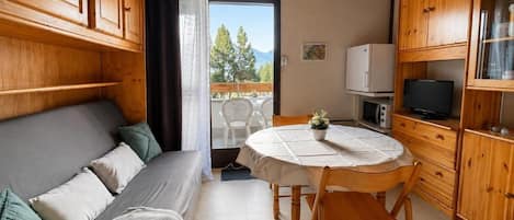 Une pièce confortable avec un canapé, une table à manger, des chaises, un téléviseur et un coin cuisine équipé de placards.