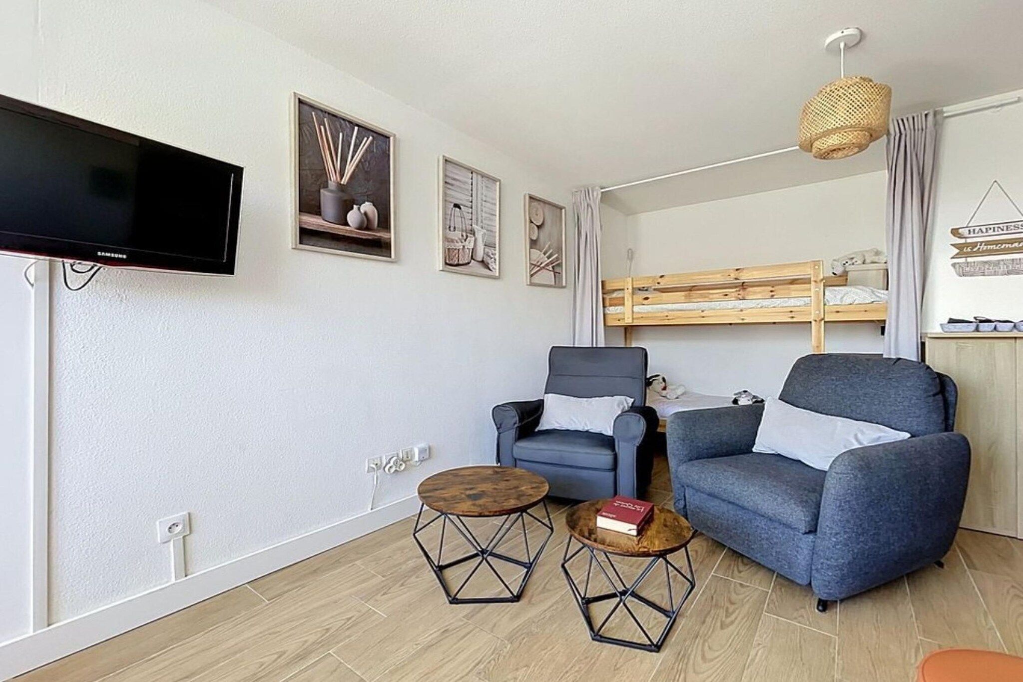 Una sala de estar moderna con televisor, dos sofás, una mesa de centro y una cama litera.