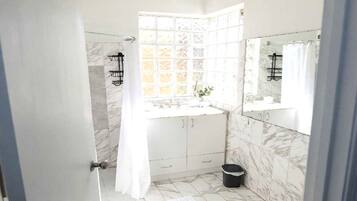 A bathroom with a shower, a sink, and a mirror.