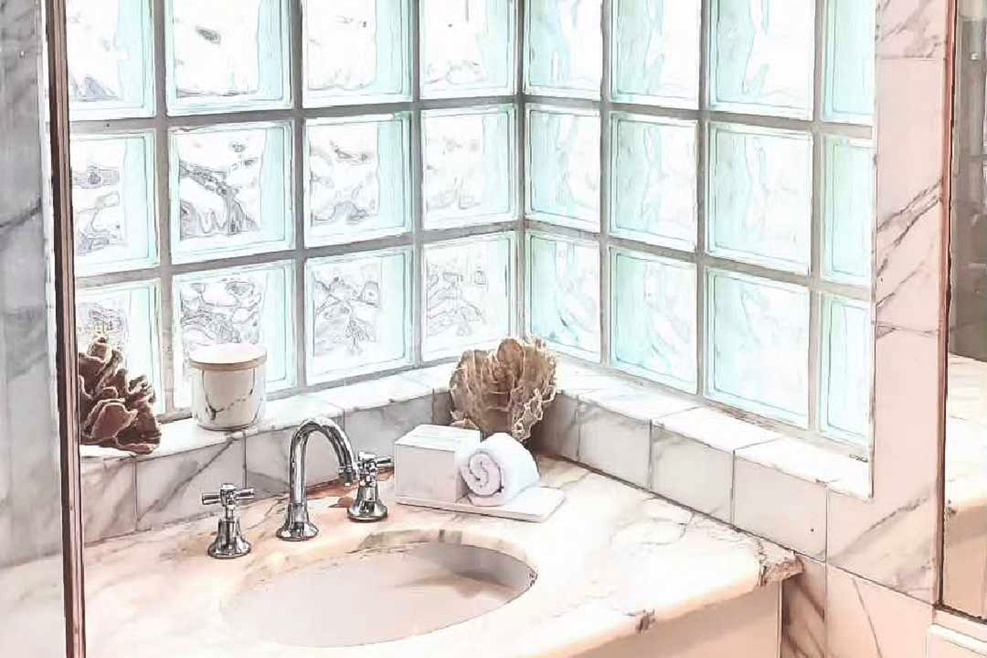 A bathroom with a marble sink, a window with decorative panels, and a towel on the counter.