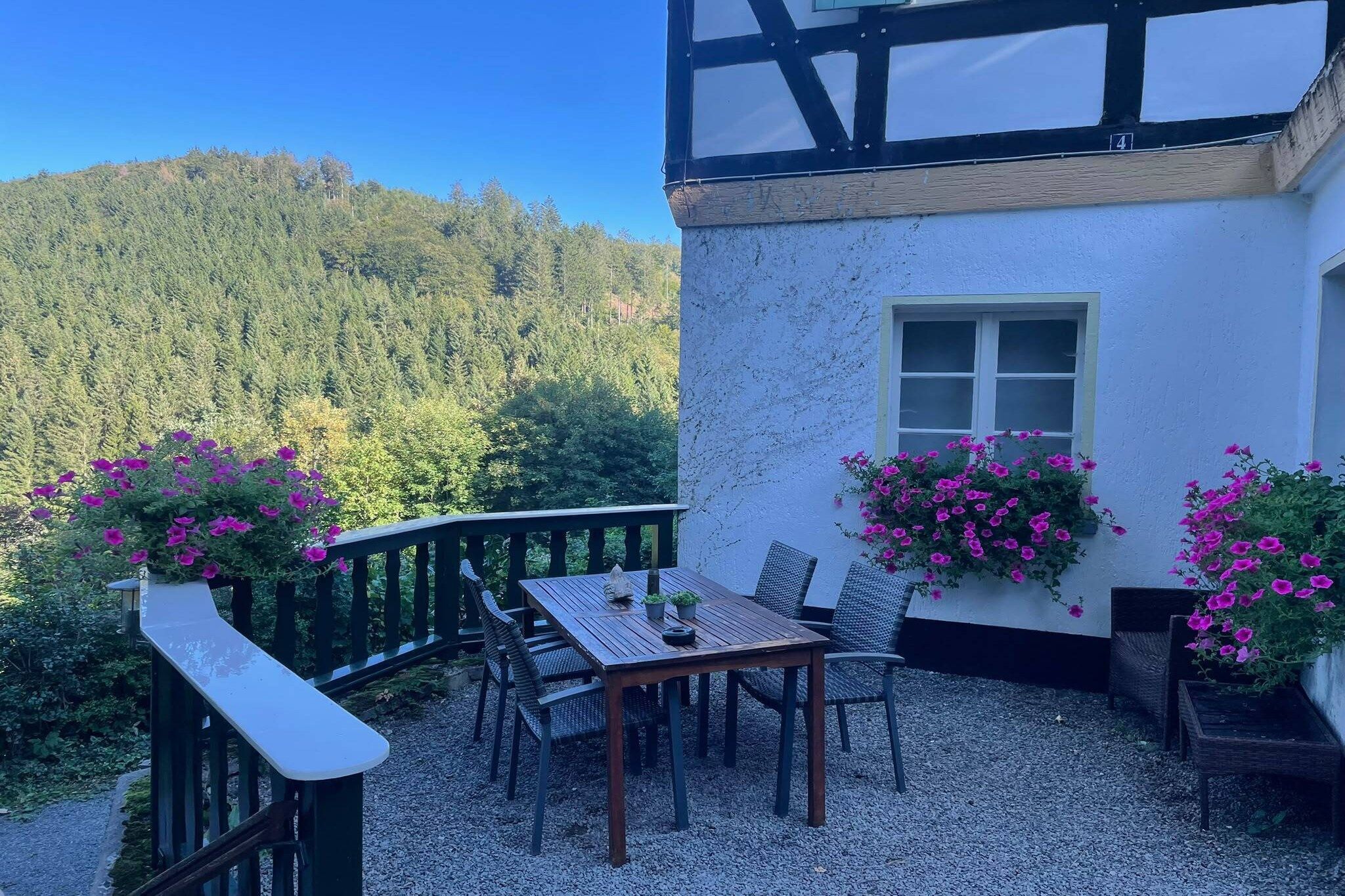 A terrace with a table and chairs, surrounded by flower boxes with pink flowers, set against a backdrop of a forested hill.