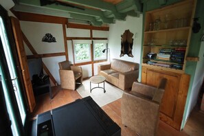 A cozy living room with a sofa, chairs, a coffee table, and a fireplace. There is a bookshelf with books and glasses, and a window with a view of greenery. - Holiday Home in Winterberg with Private Garden (Nordenau)