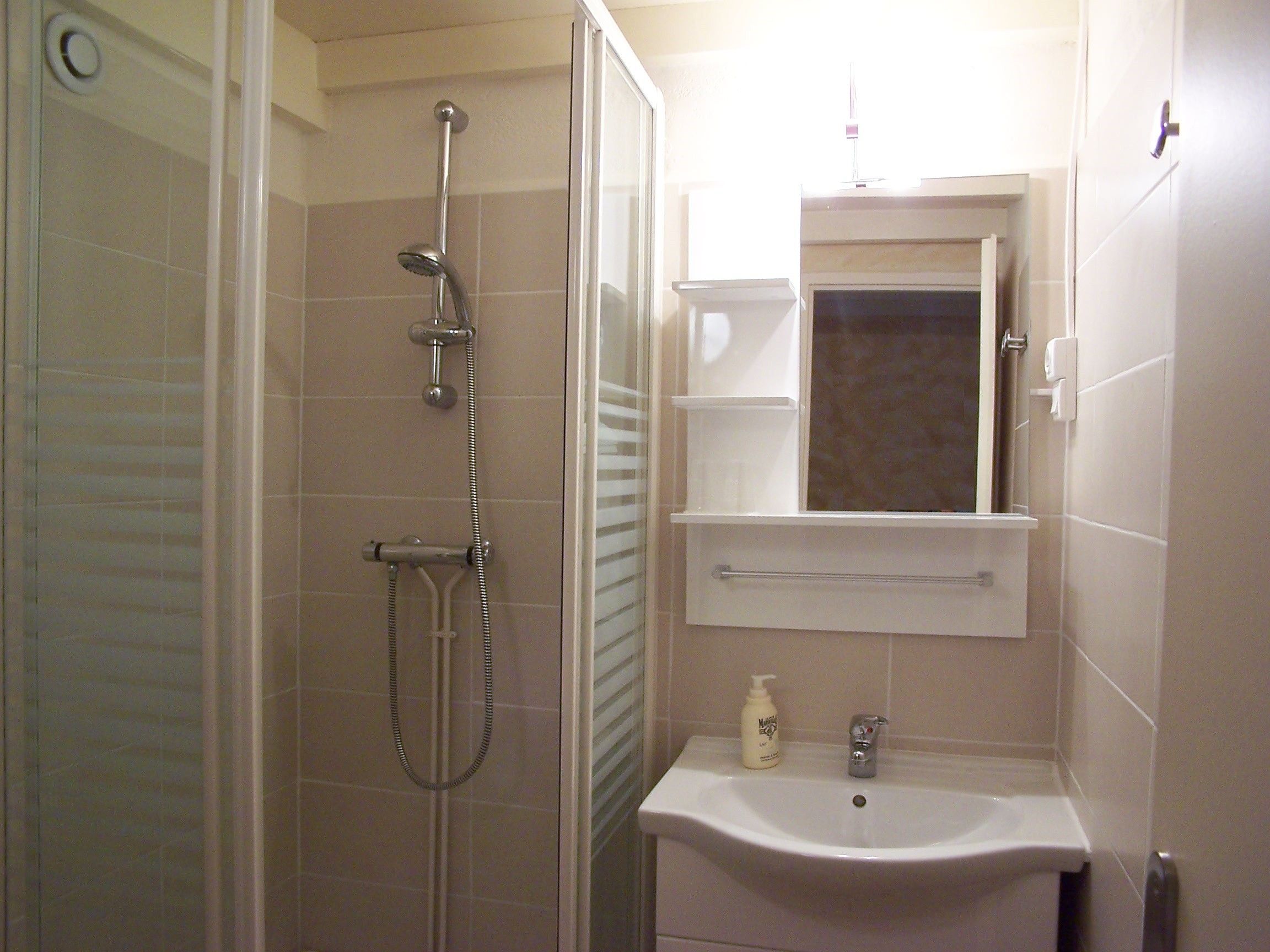 Een badkamer met douche, wastafel en spiegel.