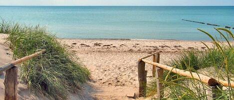 Ein sandiger Strand mit Holzstegen und Gras.