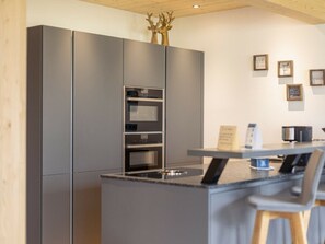 A modern kitchen with a central island, built-in appliances, and a wooden ceiling. - Apartment in Haus im Ennstal With Sauna (Haus)