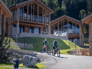 A wooden building with balconies, a paved path, and a stone wall. - Apartment in Haus im Ennstal With Sauna (Haus)
